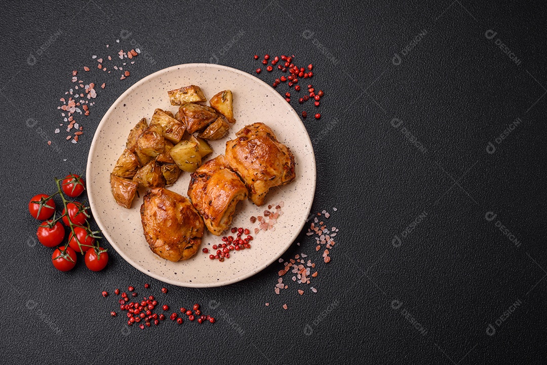 Delicioso kebab de frango fresco com sal, especiarias e ervas sobre um fundo escuro de concreto