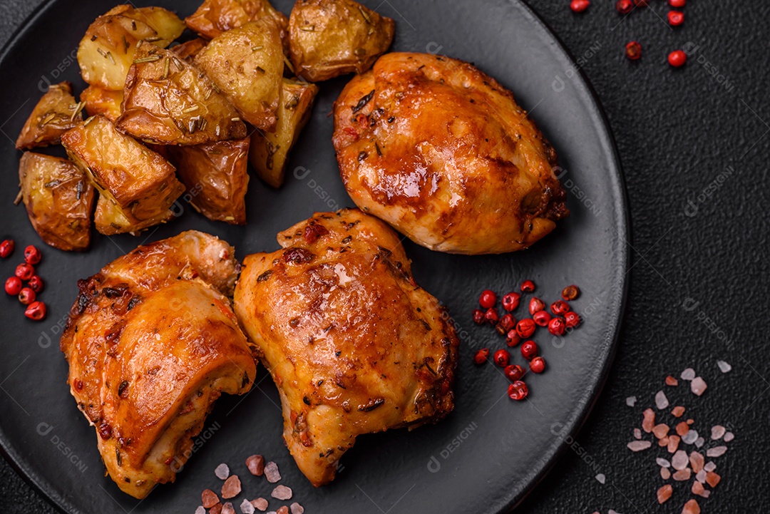 Delicioso kebab de frango fresco com sal, especiarias e ervas sobre um fundo escuro de concreto