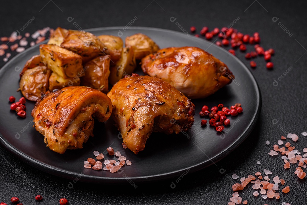 Delicioso kebab de frango fresco com sal, especiarias e ervas sobre um fundo escuro de concreto