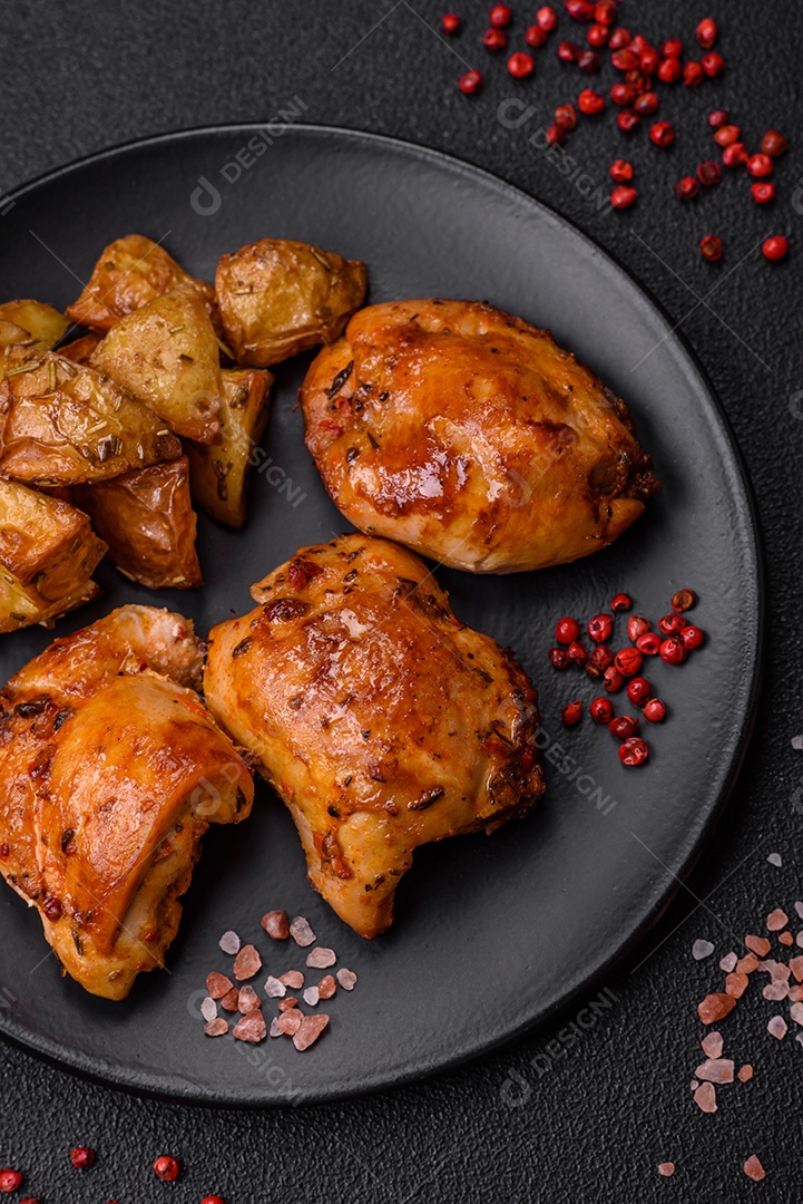 Deliciosas costeletas de frango fresco ou almôndegas com sal, especiarias e ervas sobre um fundo escuro de concreto