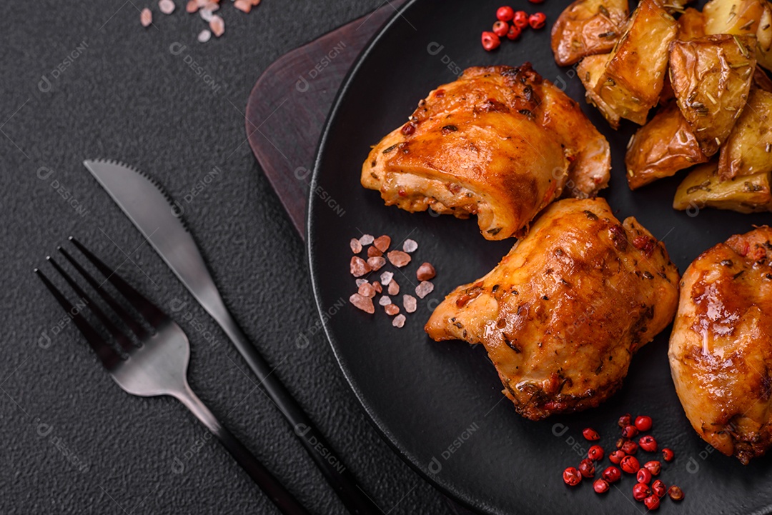 Delicioso kebab de frango fresco com sal, especiarias e ervas sobre um fundo escuro de concreto