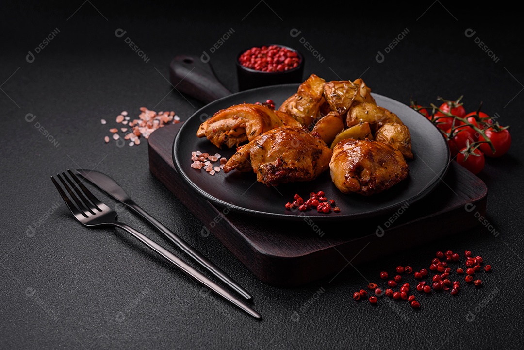 Delicioso kebab de frango fresco com sal, especiarias e ervas sobre um fundo escuro de concreto