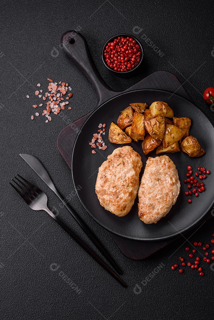 Deliciosas costeletas de frango fresco ou almôndegas com sal, especiarias e ervas sobre um fundo escuro de concreto