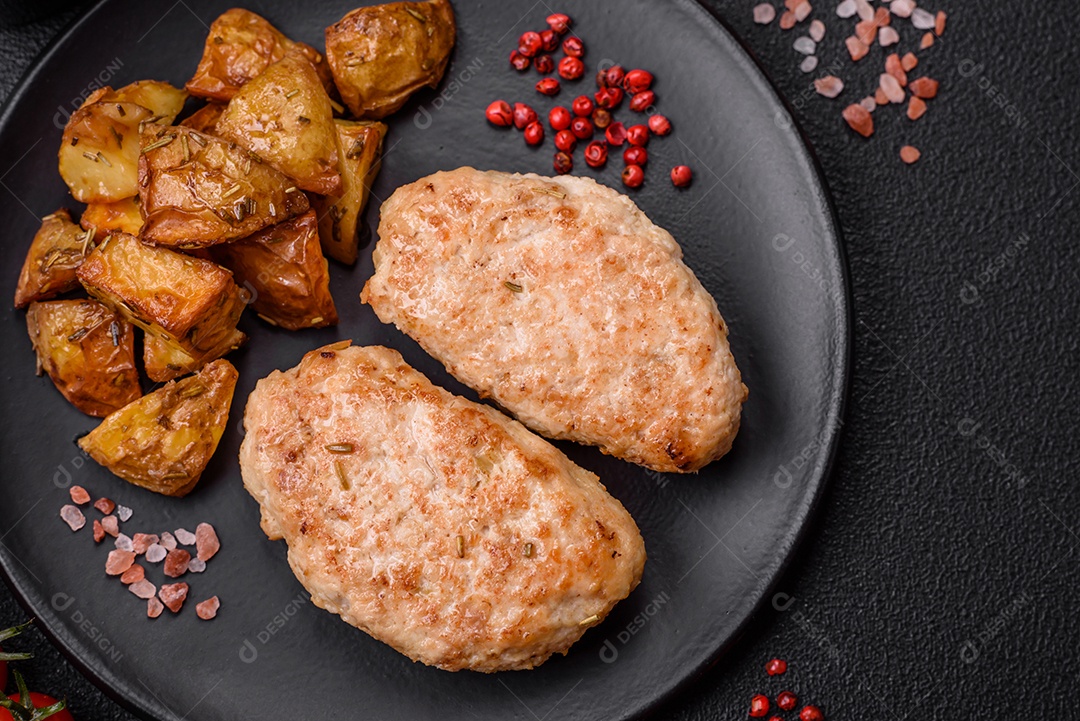 Deliciosas costeletas de frango fresco ou almôndegas com sal, especiarias e ervas sobre um fundo escuro de concreto