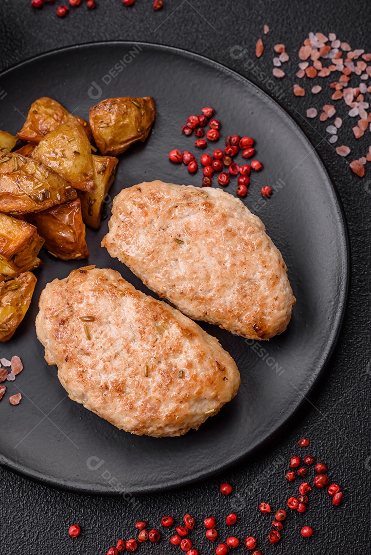 Deliciosas costeletas de frango fresco ou almôndegas com sal, especiarias e ervas sobre um fundo escuro de concreto