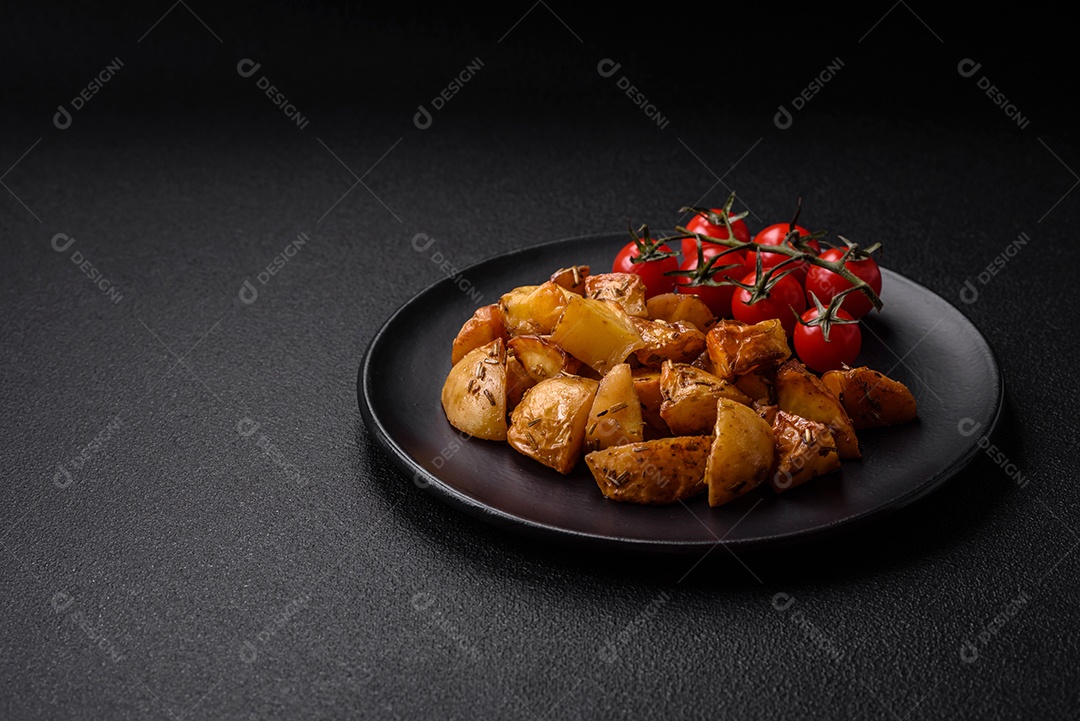 Deliciosas fatias de batata frita crocante com sal, especiarias e ervas sobre um fundo escuro de concreto