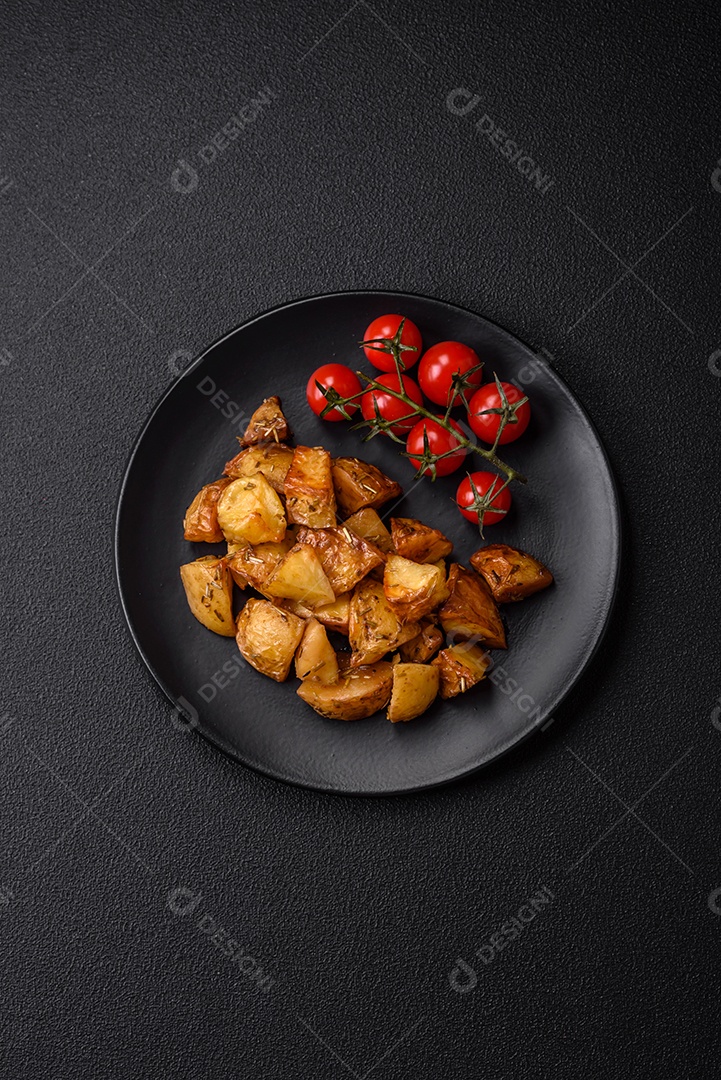 Deliciosas fatias de batata frita crocante com sal, especiarias e ervas sobre um fundo escuro de concreto