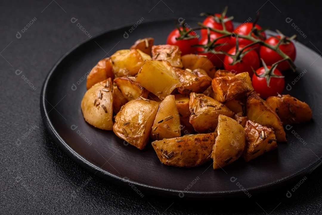 Deliciosas fatias de batata frita crocante com sal, especiarias e ervas sobre um fundo escuro de concreto