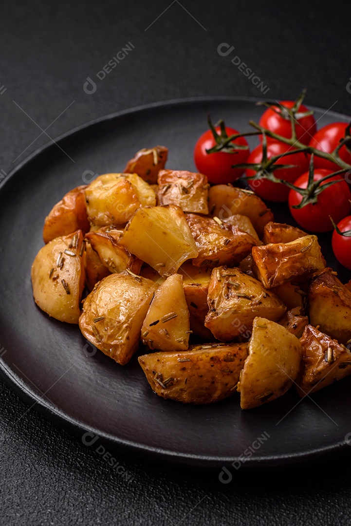 Deliciosas fatias de batata frita crocante com sal, especiarias e ervas sobre um fundo escuro de concreto