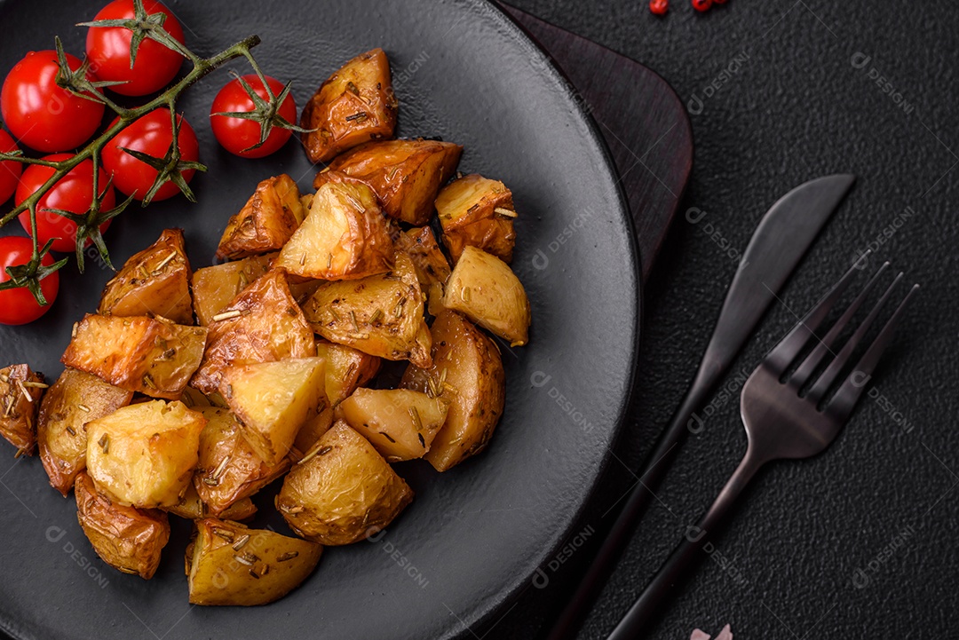 Deliciosas fatias de batata frita crocante com sal, especiarias e ervas sobre um fundo escuro de concreto