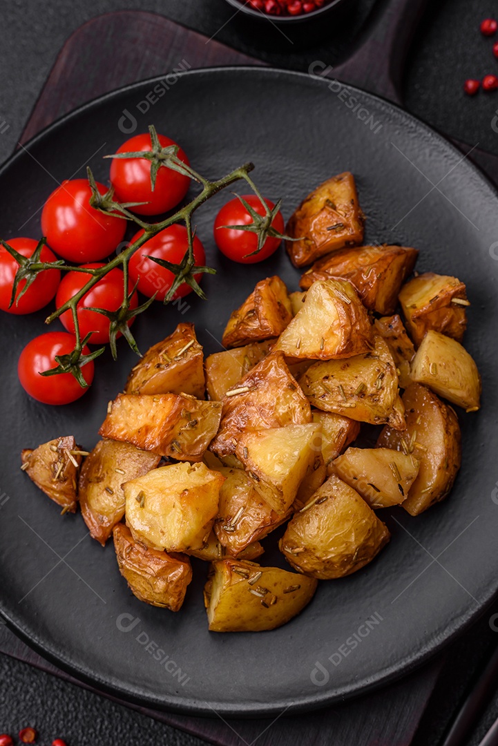 Deliciosas fatias de batata frita crocante com sal, especiarias e ervas sobre um fundo escuro de concreto