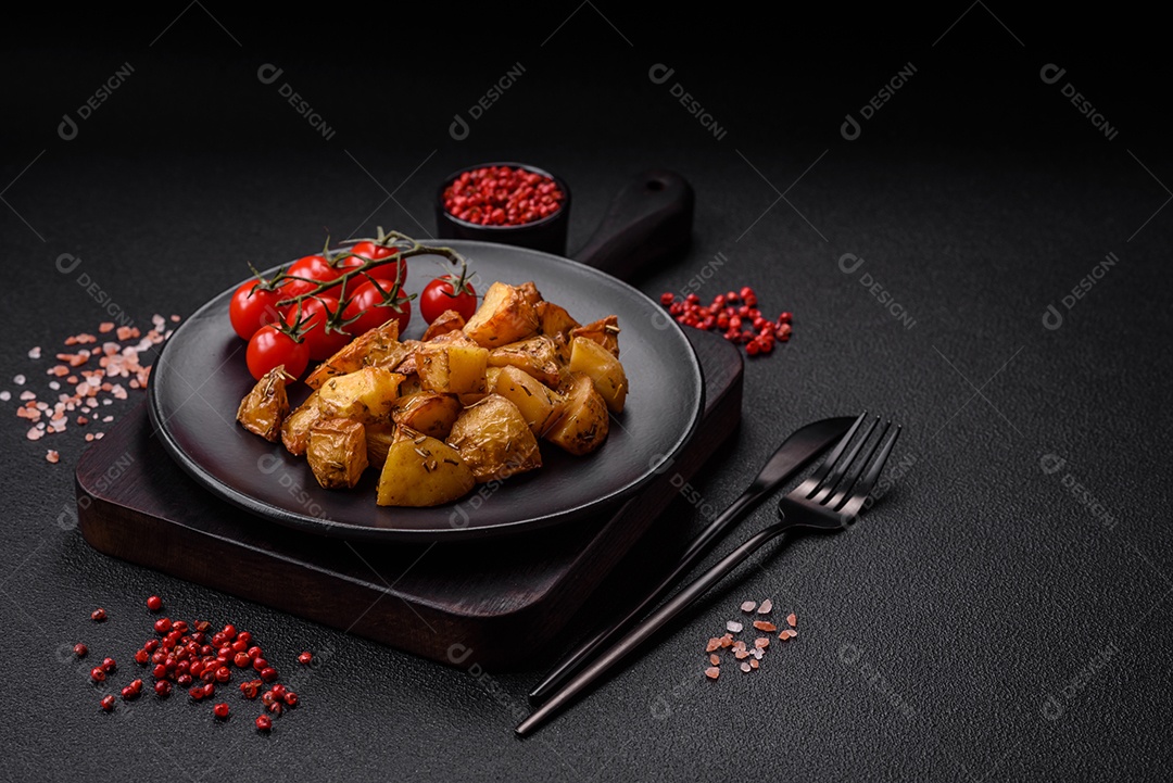 Deliciosas fatias de batata frita crocante com sal, especiarias e ervas sobre um fundo escuro de concreto