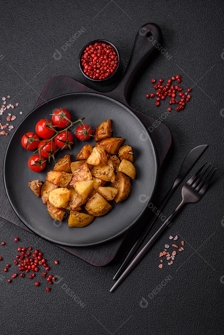 Deliciosas fatias de batata frita crocante com sal, especiarias e ervas sobre um fundo escuro de concreto