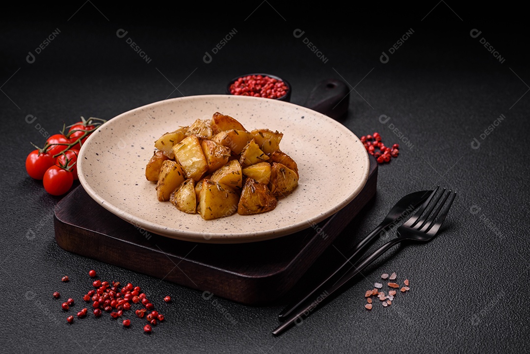 Deliciosas fatias de batata frita crocante com sal, especiarias e ervas sobre um fundo escuro de concreto