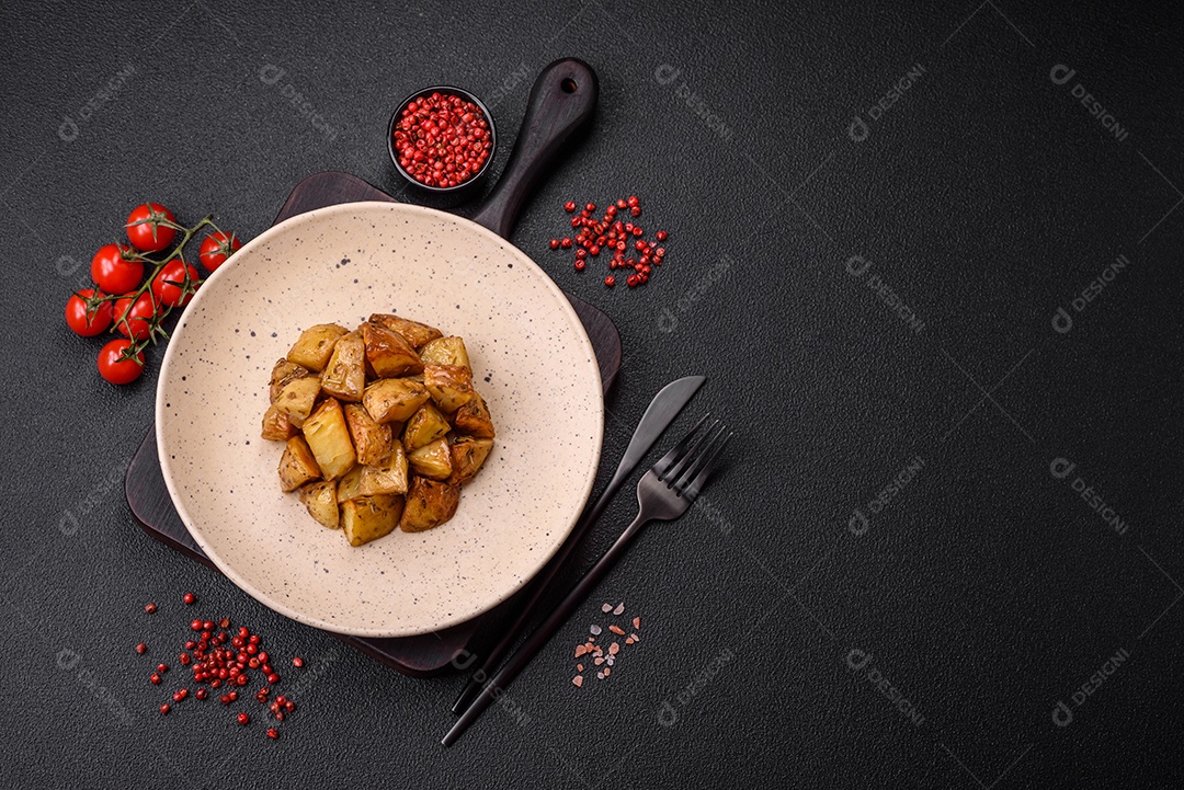 Deliciosas fatias de batata frita crocante com sal, especiarias e ervas sobre um fundo escuro de concreto