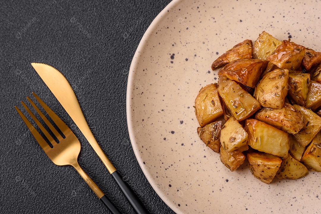 Deliciosas fatias de batata frita crocante com sal, especiarias e ervas sobre um fundo escuro de concreto