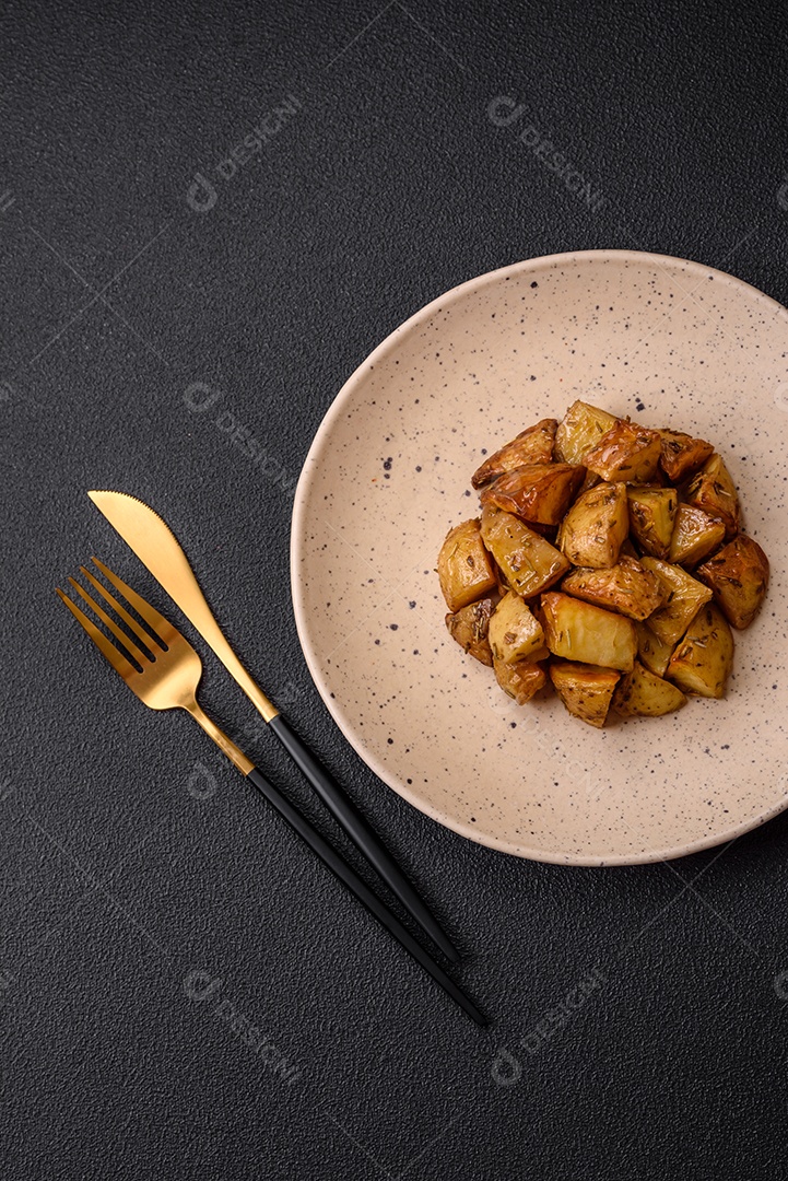 Deliciosas fatias de batata frita crocante com sal, especiarias e ervas sobre um fundo escuro de concreto