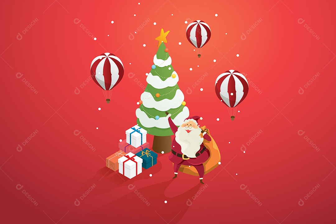 Papai Noel com Presentes na Árvore.de Natal Ilustração Vetor EPS