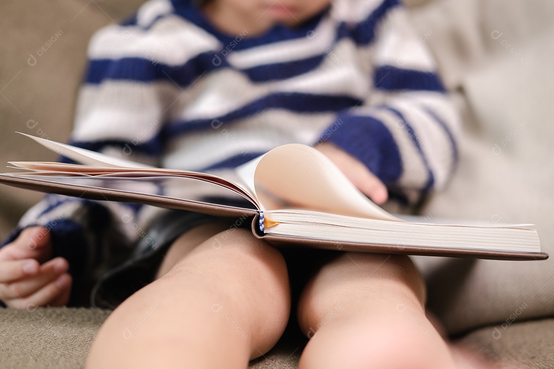 Menino asiático lendo um livro no sofá aprendendo fora da sala de aula