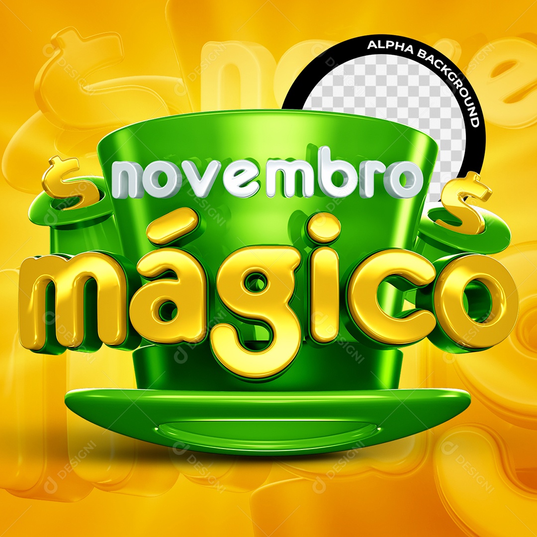 Novembro Mágica Selo 3D Branco Dourado e Verde para Composição PSD
