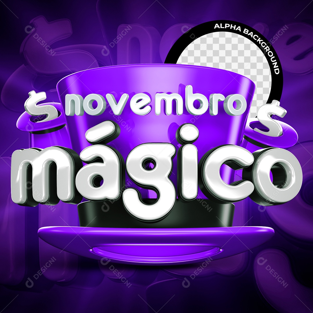 Novembro Mágica Selo 3D Branco e Roxo para Composição PSD