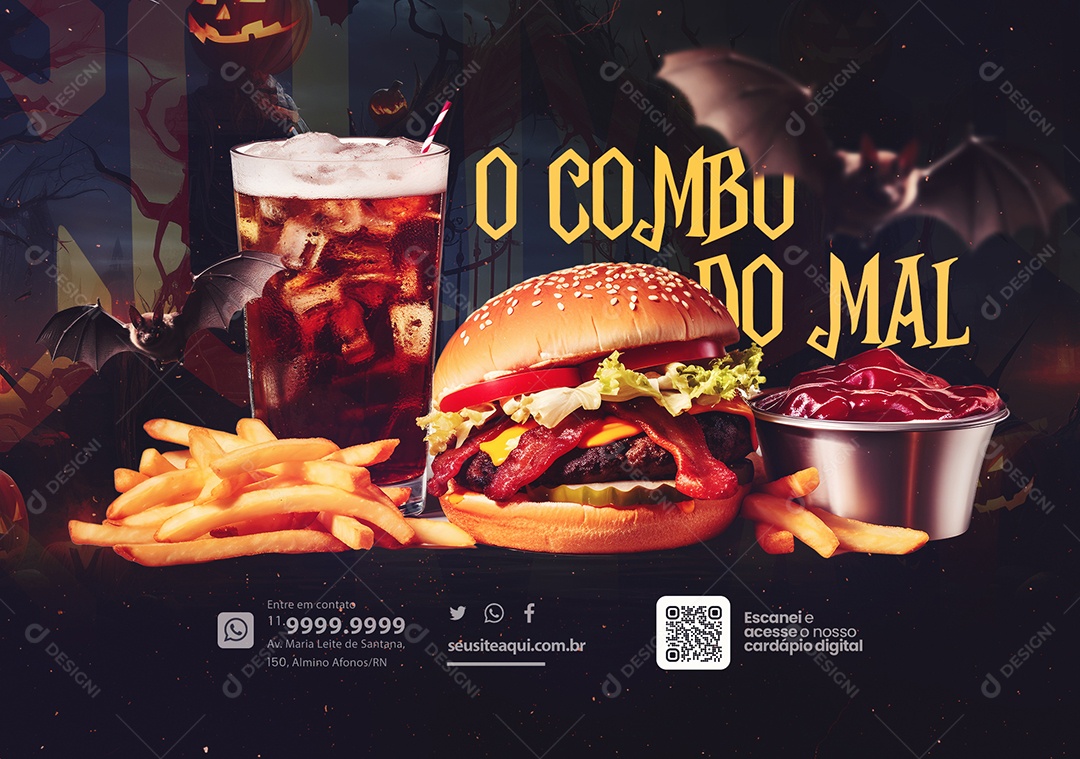 Banner Halloween Hamburgueria O Combo Do Mal Refrigerante Batata Frita Hambúrguer e Molho Social Media PSD Editável