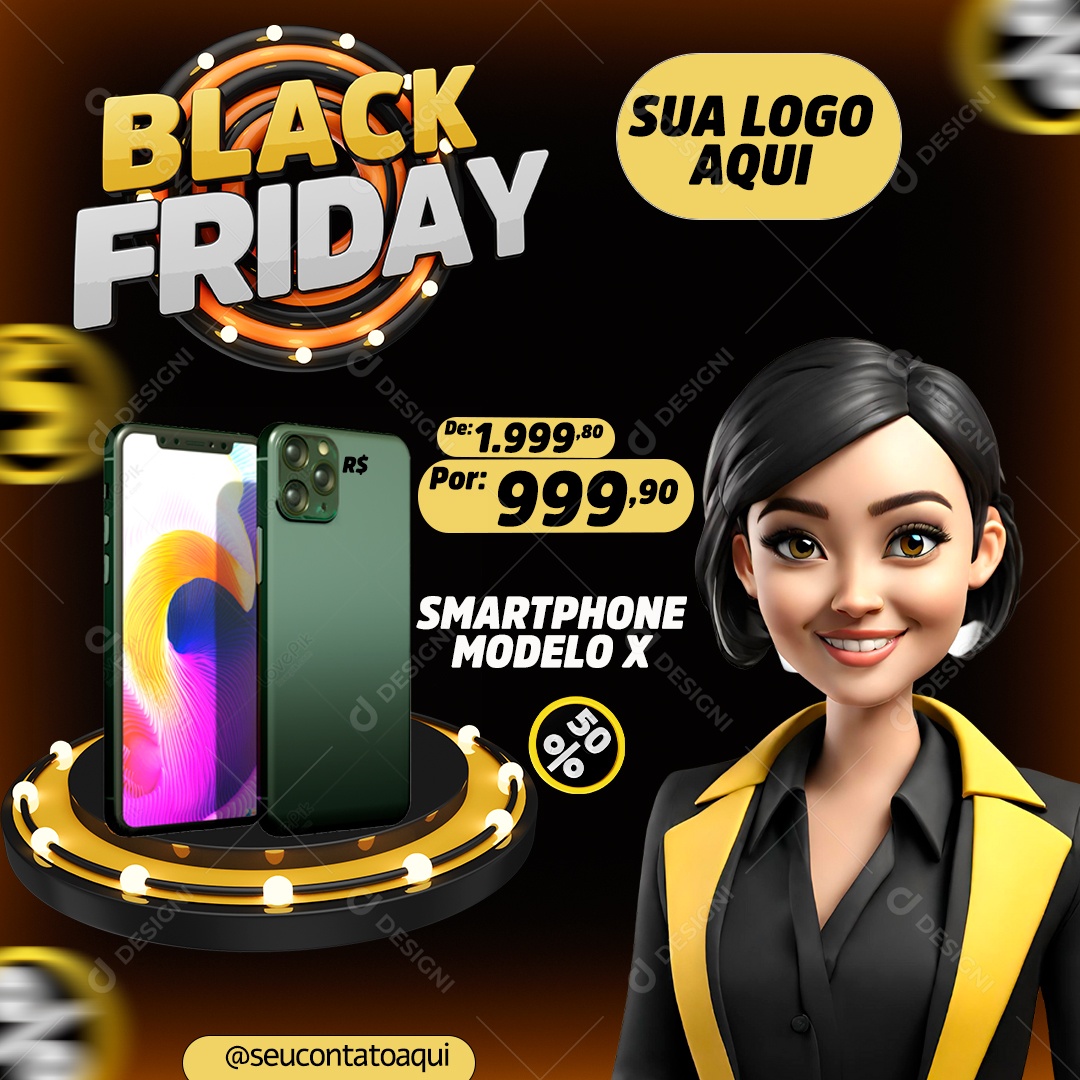 Black Friday toda Loja com Desconto Smartphone Modelo X Social Media PSD Editável