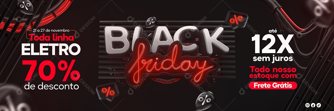 Banner Black Friday toda Linha Eletro 70% de Desconto Social Media PSD Editável
