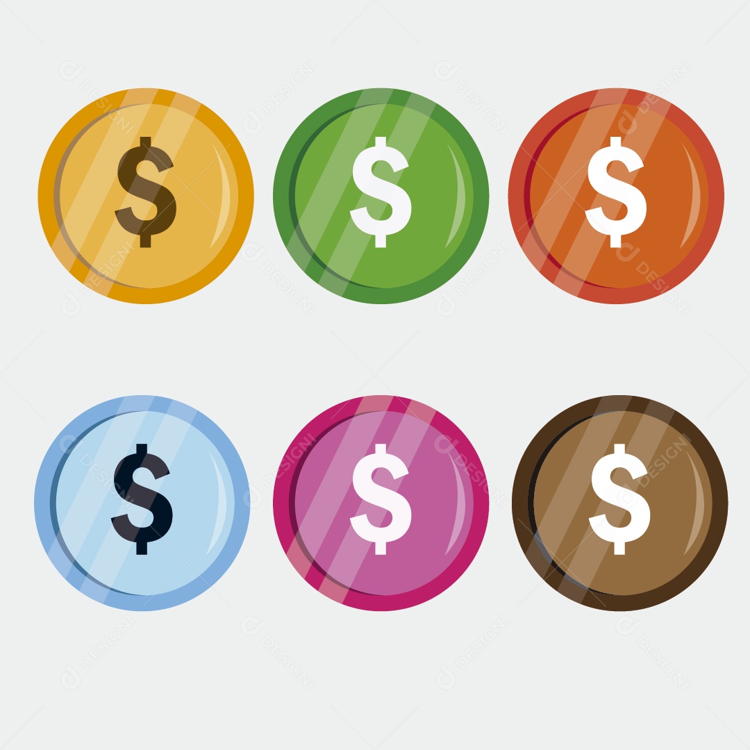 Conjunto de Moedas Coloridas Ilustração Vetor EPS
