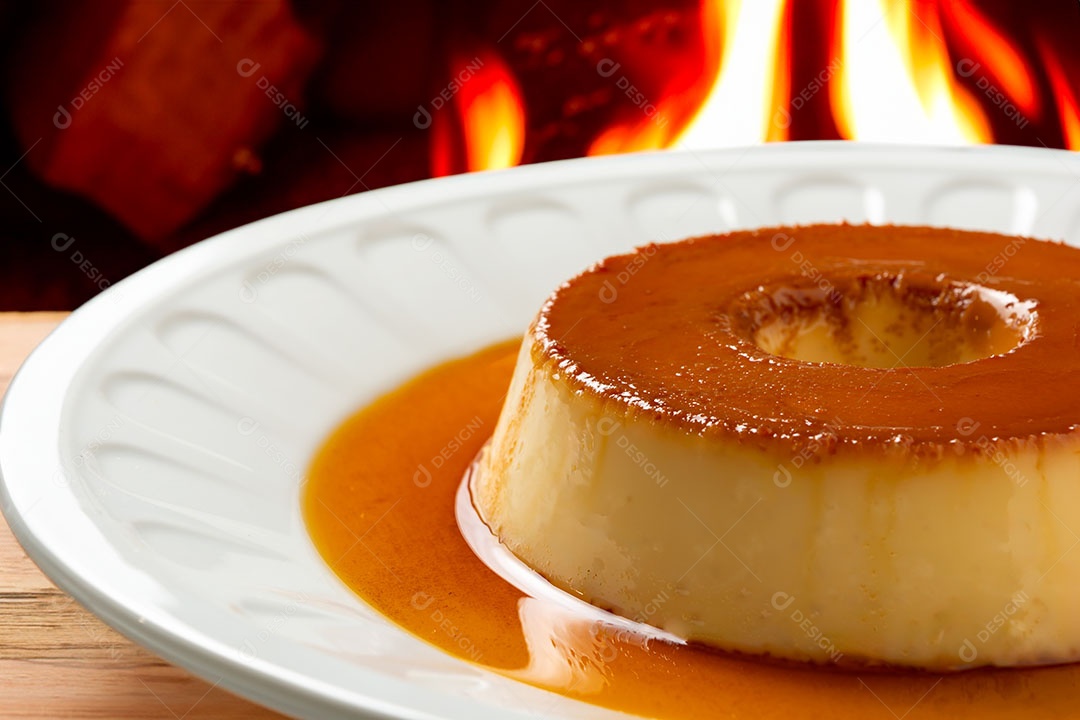 Pudim com calda de caramelo com fundo de fogo.