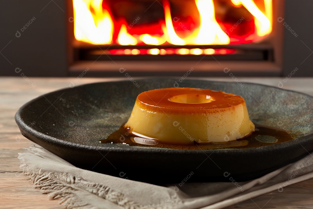Pudim com calda de caramelo com fundo de fogo.