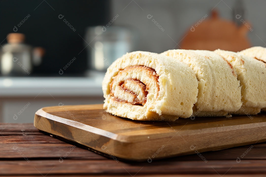 Delicioso rocambole de goiaba sobre uma mesa de madeira