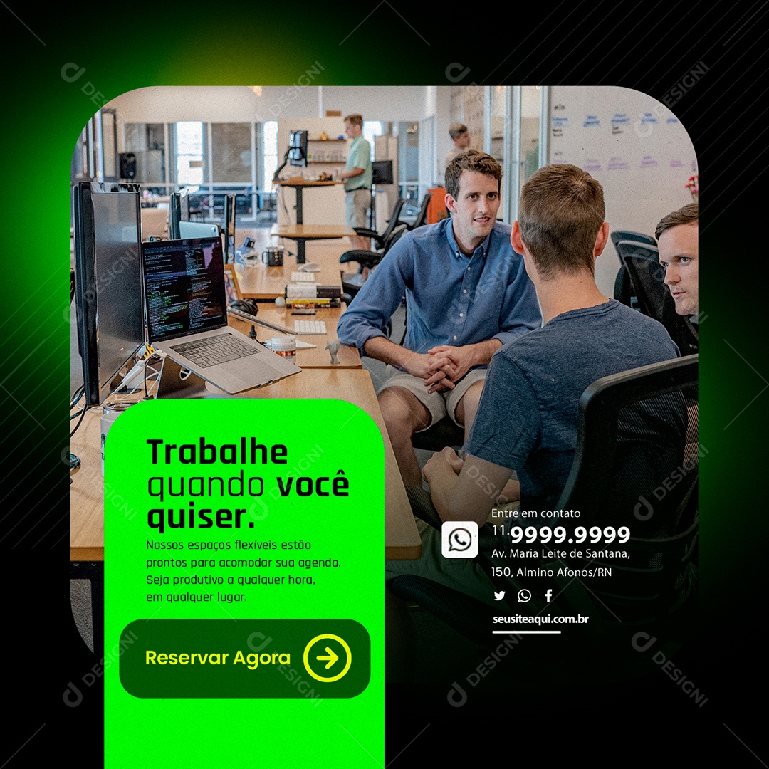 Coworking Trabalhe Quando Você Quiser Nossos Espaços Flexíveis Reservar Agora Social Media PSD Editável