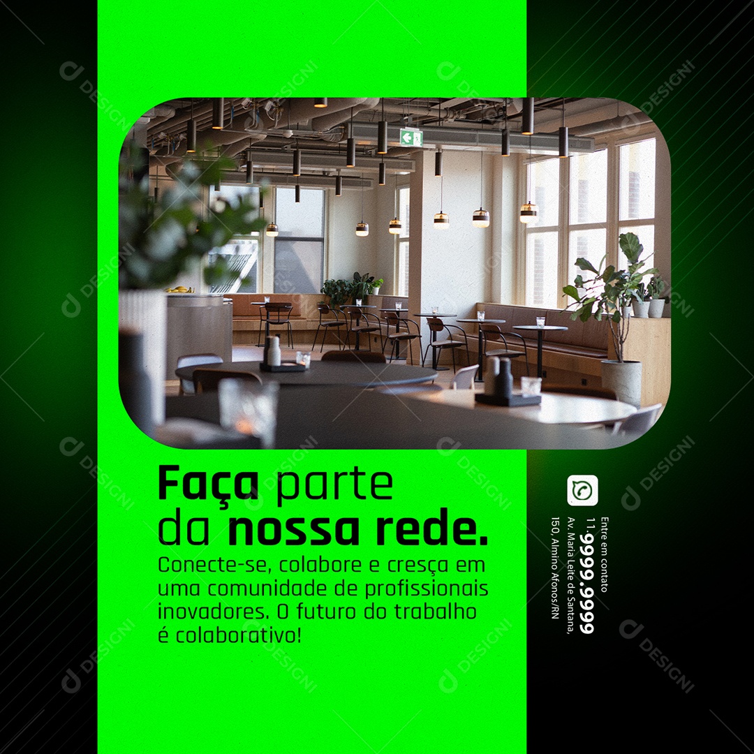 Coworking O Futuro é Agora Trabalhe em Ambientes Completos Entre em Contato Social Media PSD Editável