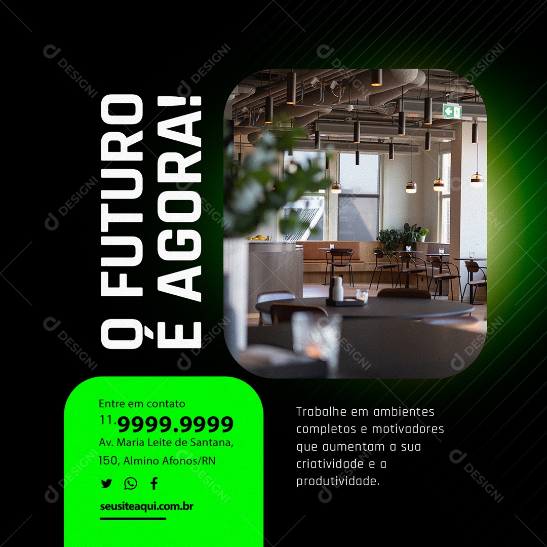 Coworking Ambientes inspiradores Entre em Contato Social Media PSD Editável