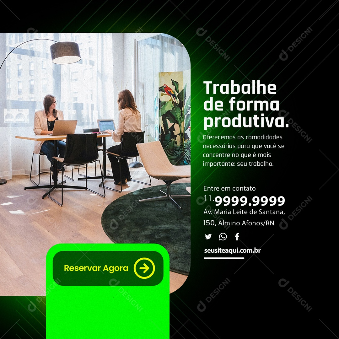 Coworking Trabalhe de Forma Produtiva Reserve Agora Social Media PSD Editável