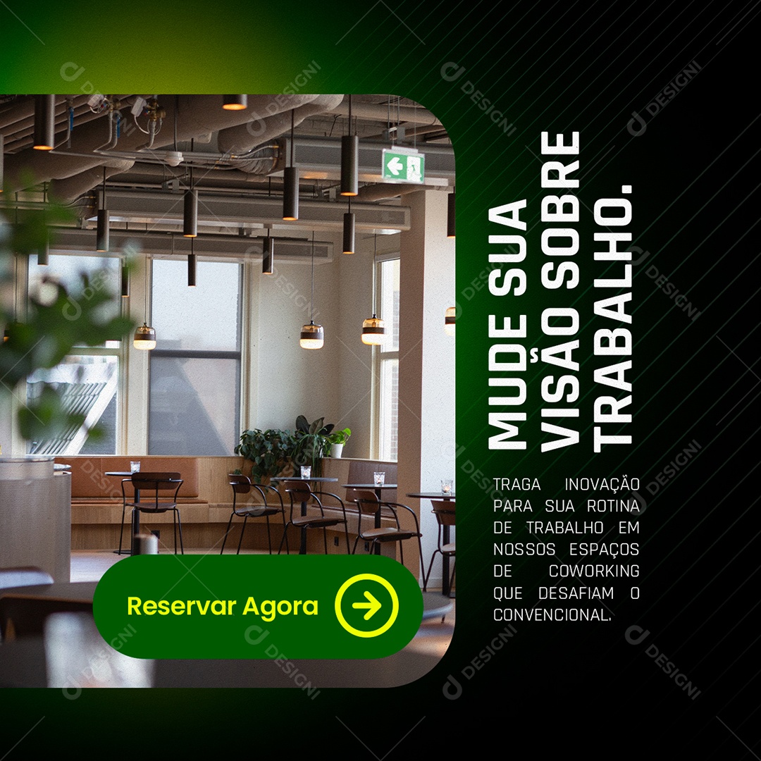 Coworking Mude sua Visão Sobre Trabalho Reserve Agora Social Media PSD Editável