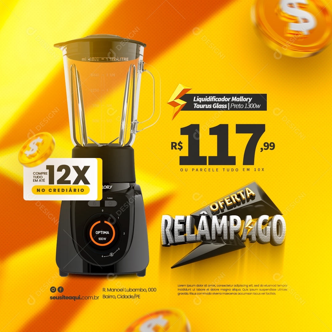 Loja De Eletrodomésticos Oferta Relâmpago Liquidificador Mallory Compre Tudo em Até 12x no Crediário Social Media PSD Editável