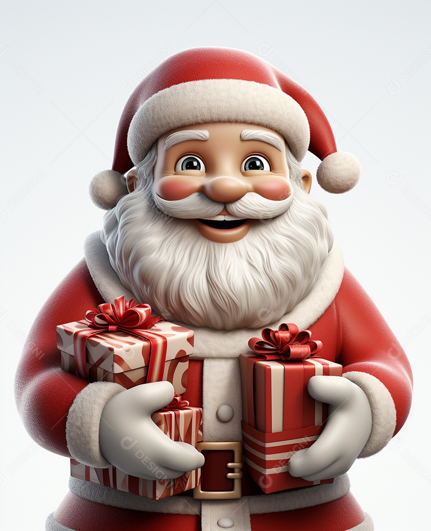Papai Noel 3d com algumas caixas de presente em fundo branco transparente