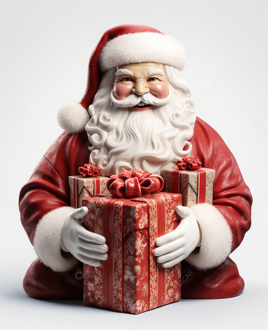 Papai Noel 3d com algumas caixas de presente em fundo branco transparente