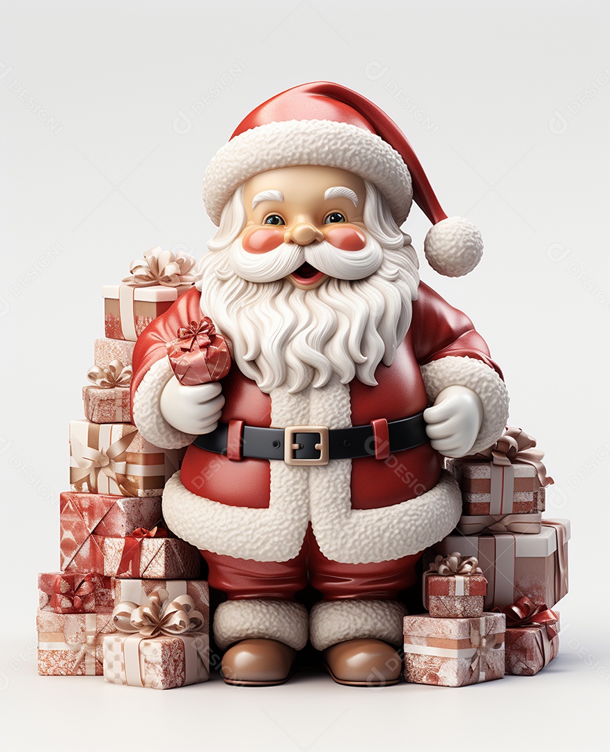 Papai Noel 3d com algumas caixas de presente em fundo branco transparente