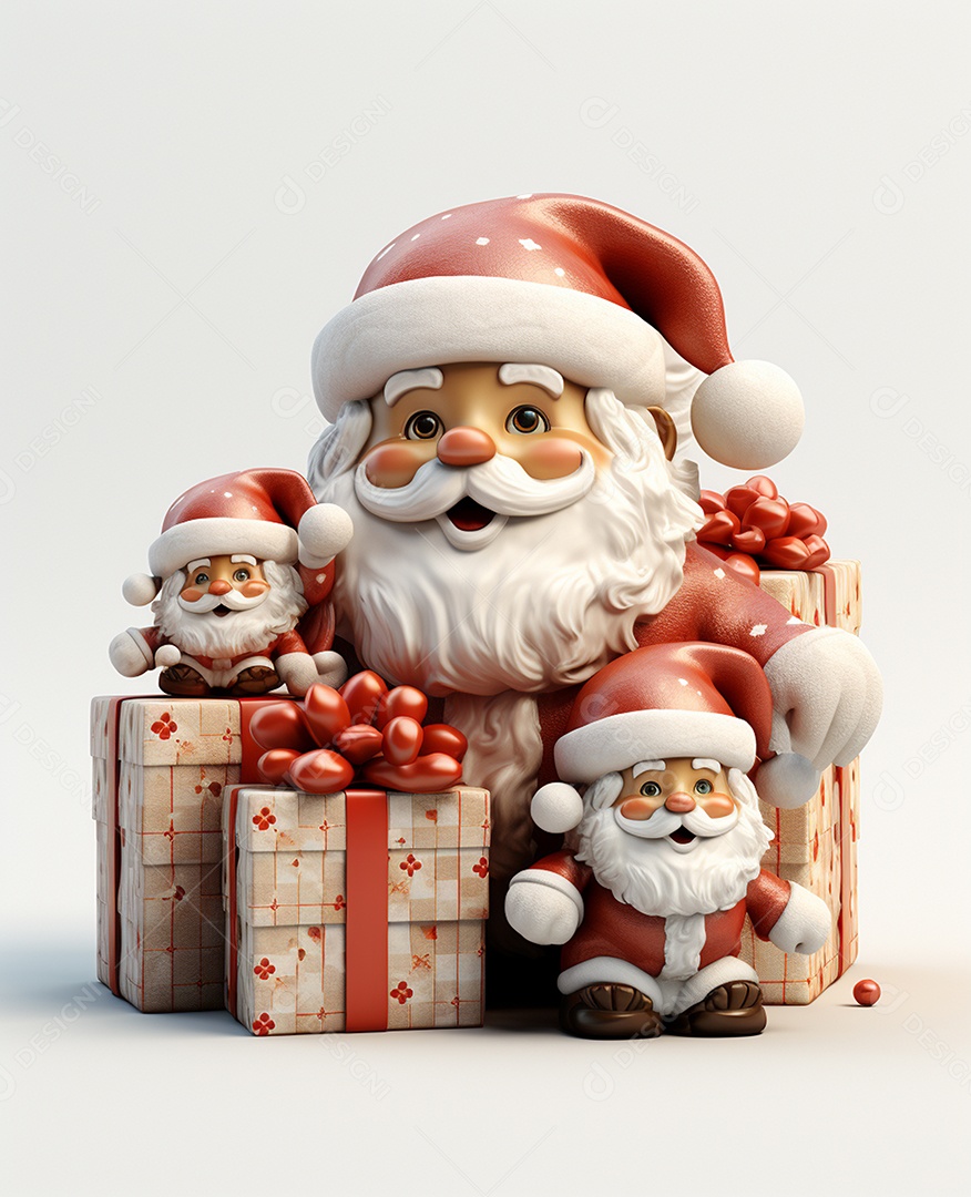 Papai Noel 3d com algumas caixas de presente em fundo branco transparente