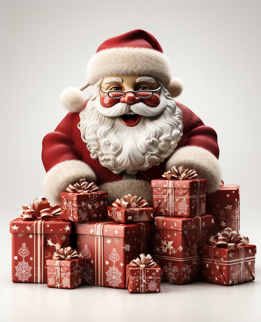 Papai Noel 3d com algumas caixas de presente em fundo branco transparente