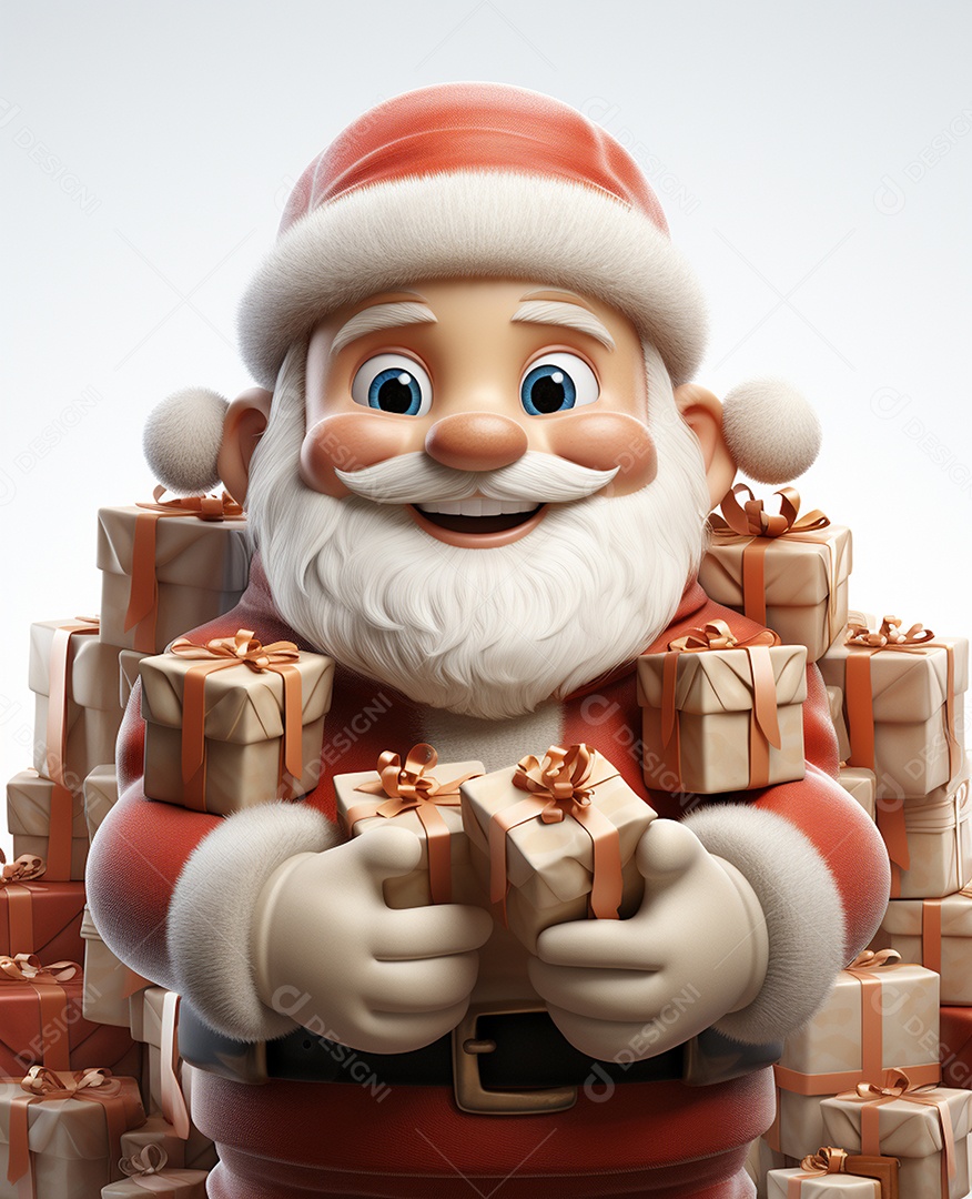 Papai Noel 3d com algumas caixas de presente em fundo branco transparente