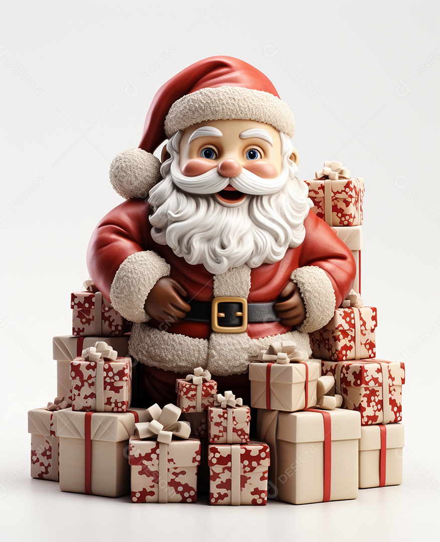 Papai Noel 3d com algumas caixas de presente em fundo branco transparente