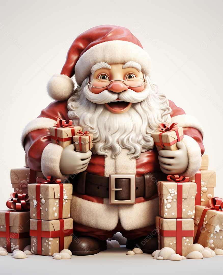 Papai Noel 3d com algumas caixas de presente em fundo branco transparente