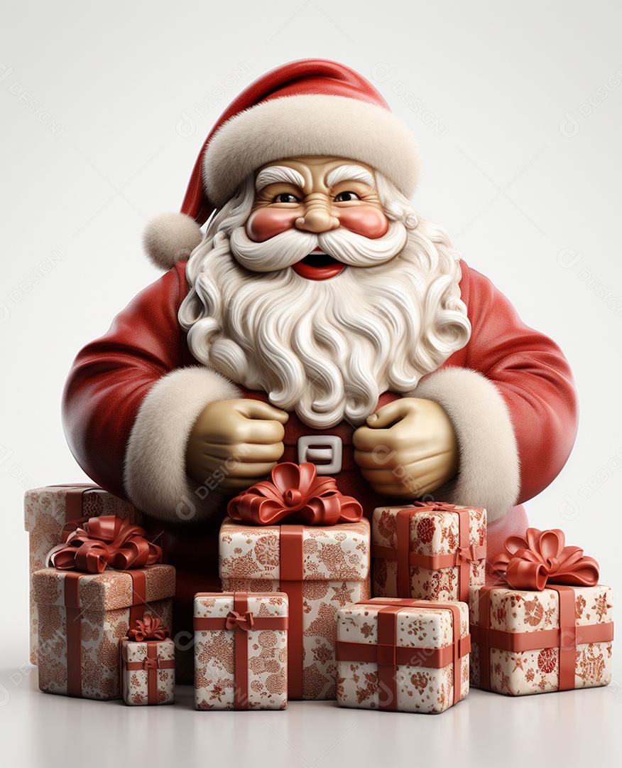 Papai Noel 3d com algumas caixas de presente em fundo branco transparente