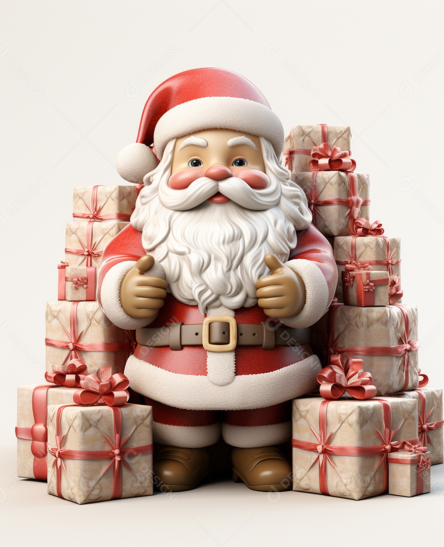 Papai Noel 3d com algumas caixas de presente em fundo branco transparente