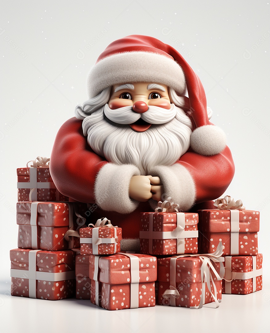 Papai Noel 3d com algumas caixas de presente em fundo branco transparente