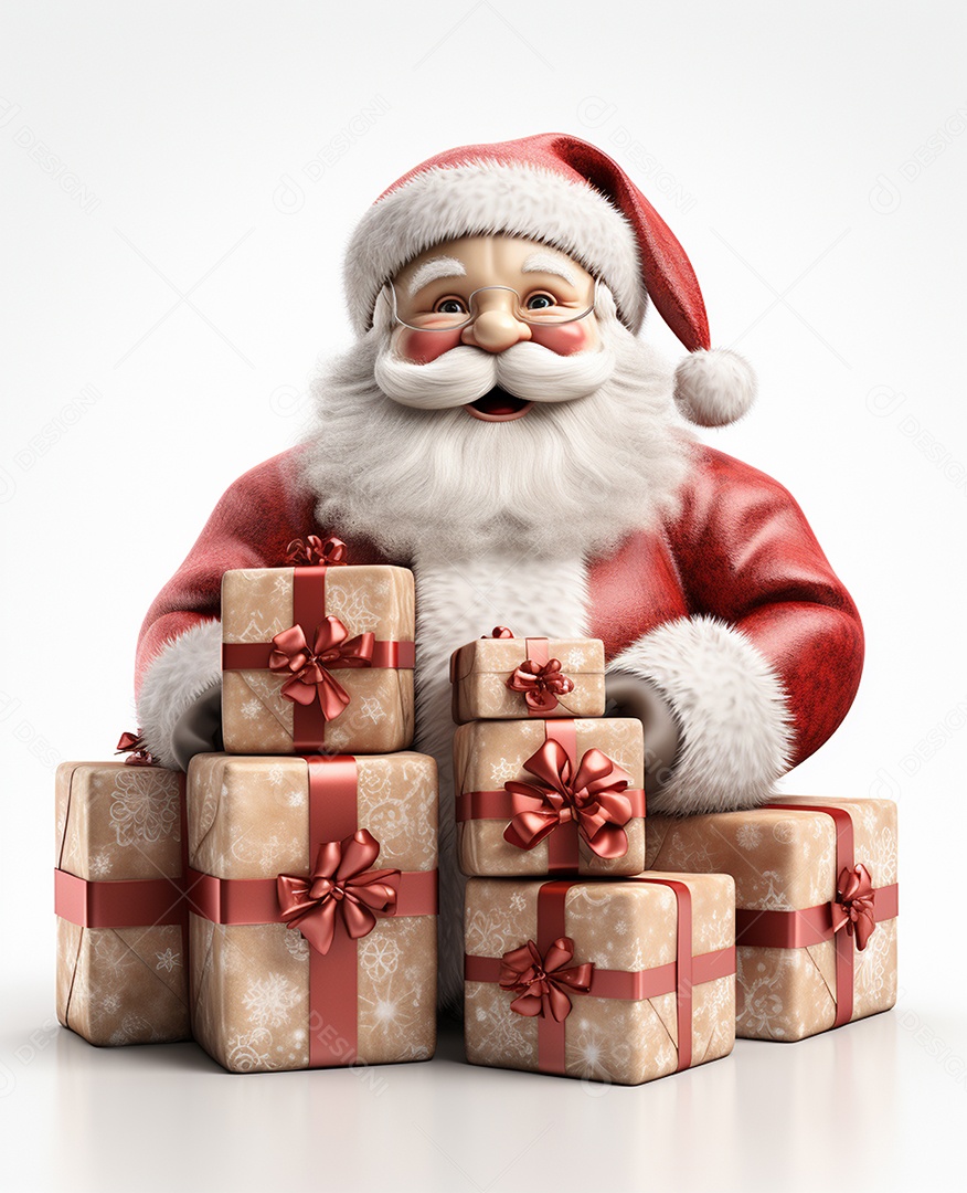 Papai Noel 3d com algumas caixas de presente em fundo branco transparente